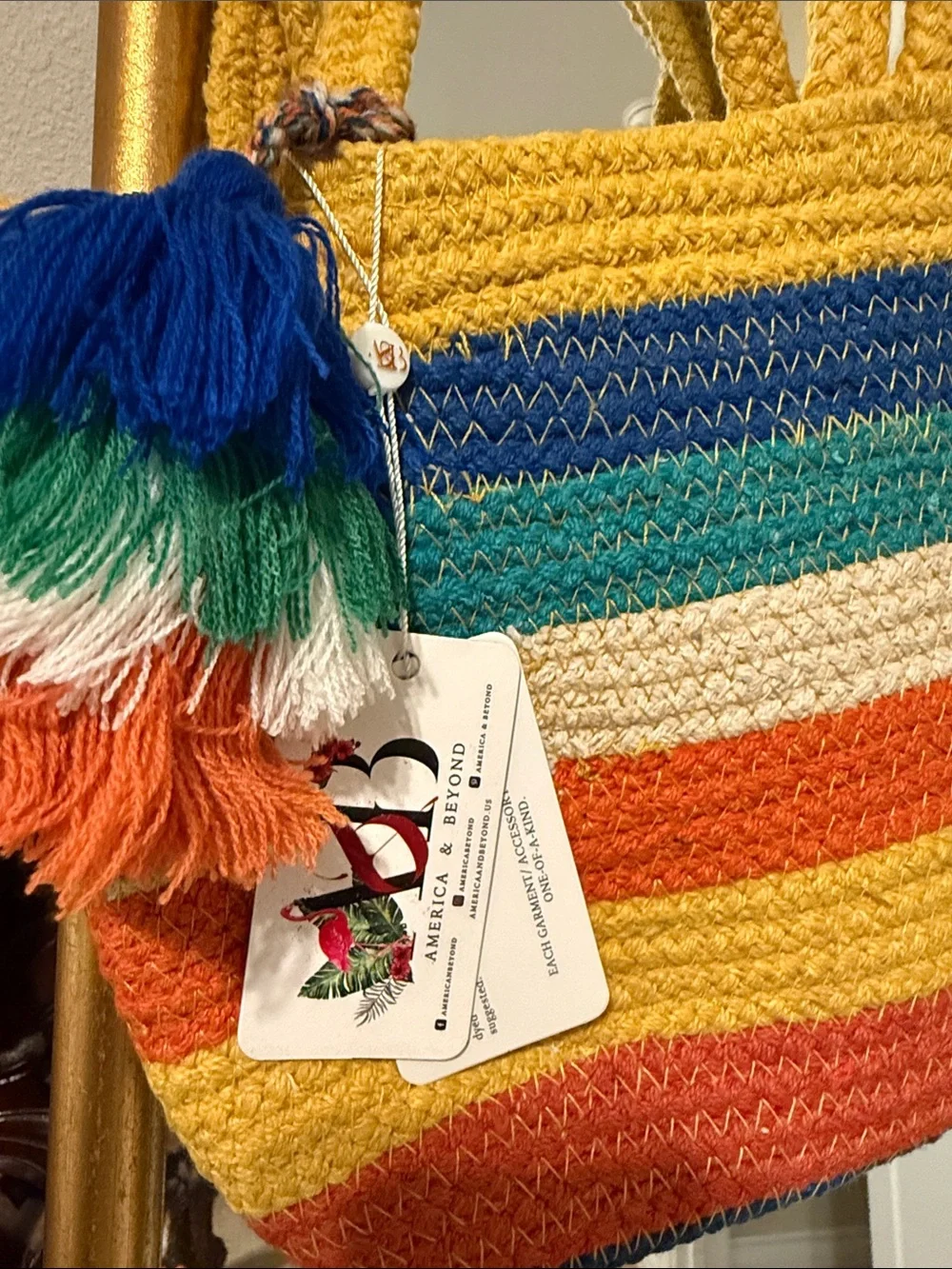 Multicolor Crochet Stripe Tote Bag with Tassel - Yellow Accent